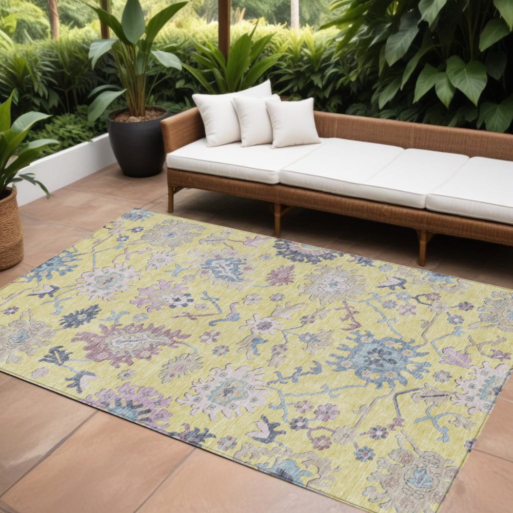9' X 12' Yellow Lavender And Denim Blue Floral Washable Indoor Outdoor Area Rug in a home interior