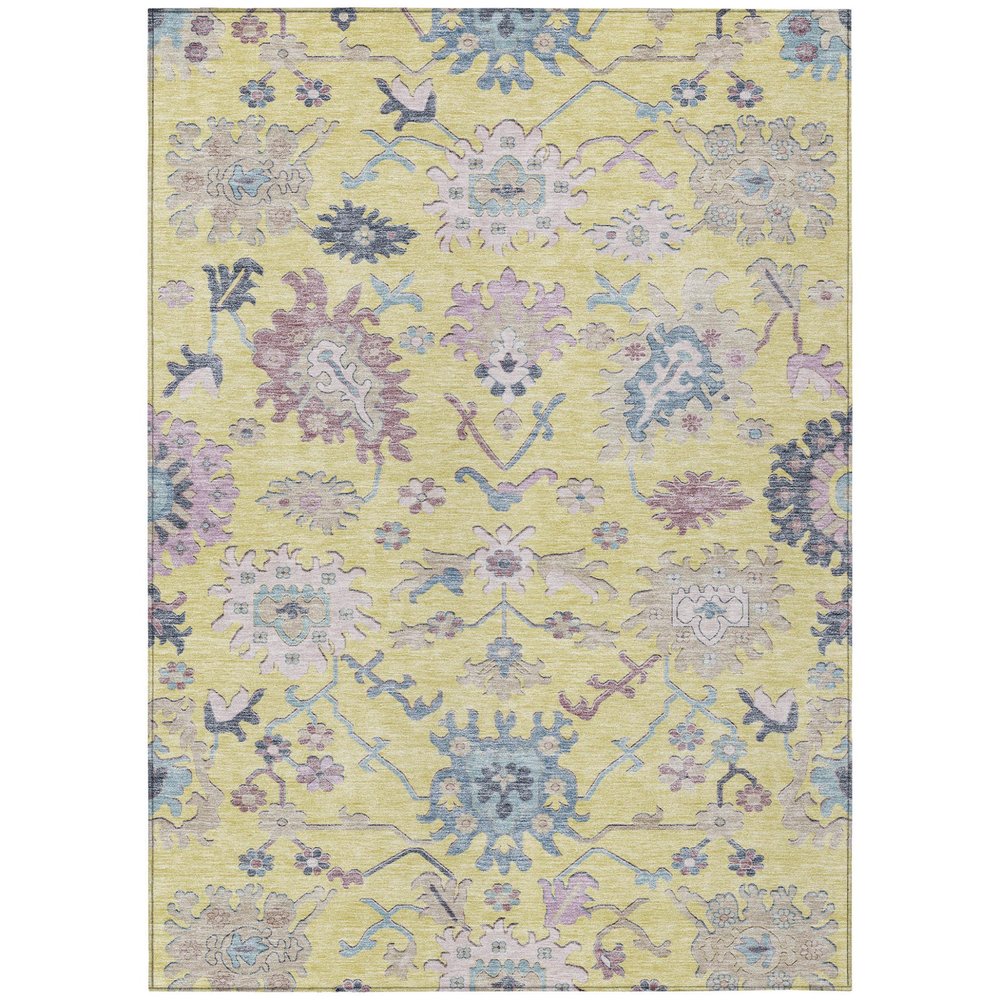 A yellow rug with a floral pattern in lavender and denim blue, with a white background.