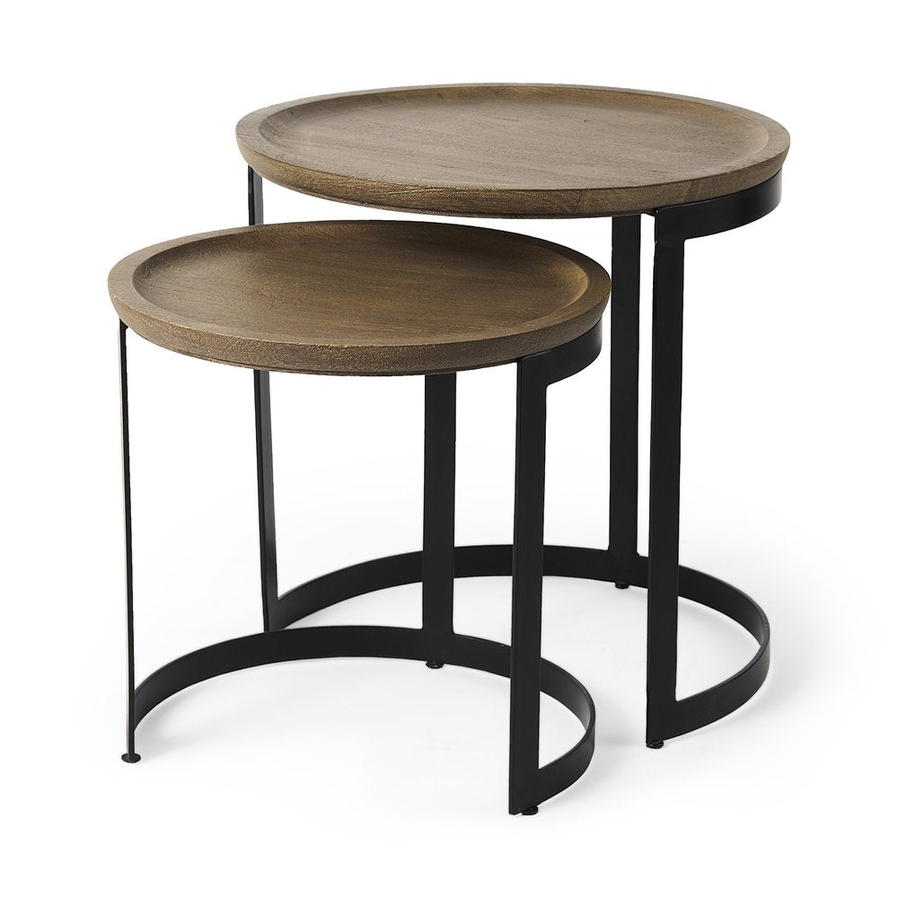 Set of Two Brown and Black Solid Wood and Iron Round Nested Tables on a white background
