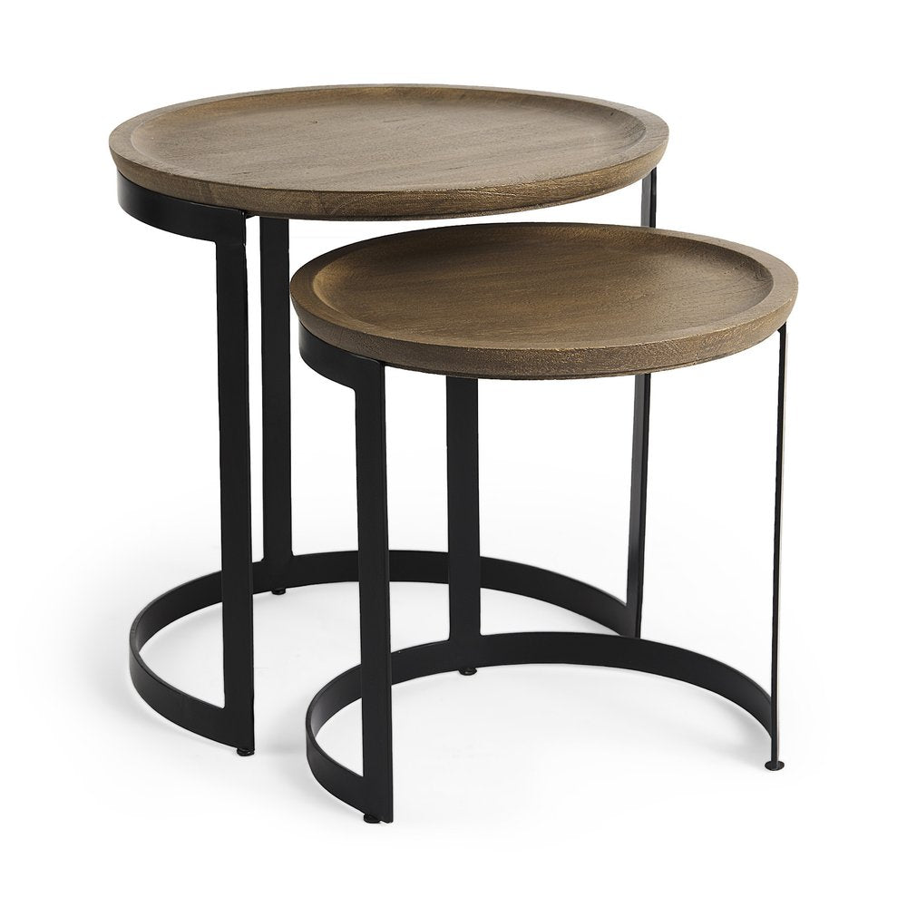Set of Two Brown and Black Solid Wood and Iron Round Nested Tables on a white background