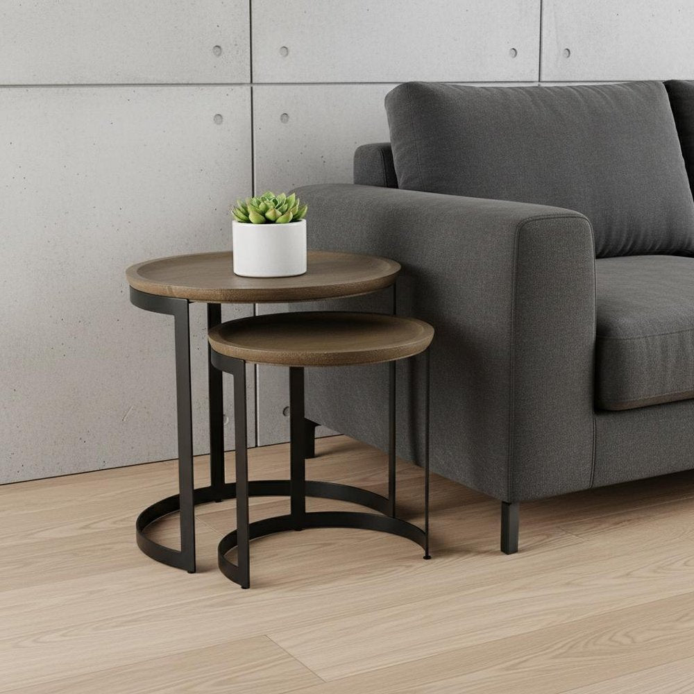 Set of Two Brown and Black Solid Wood and Iron Round Nested Tables