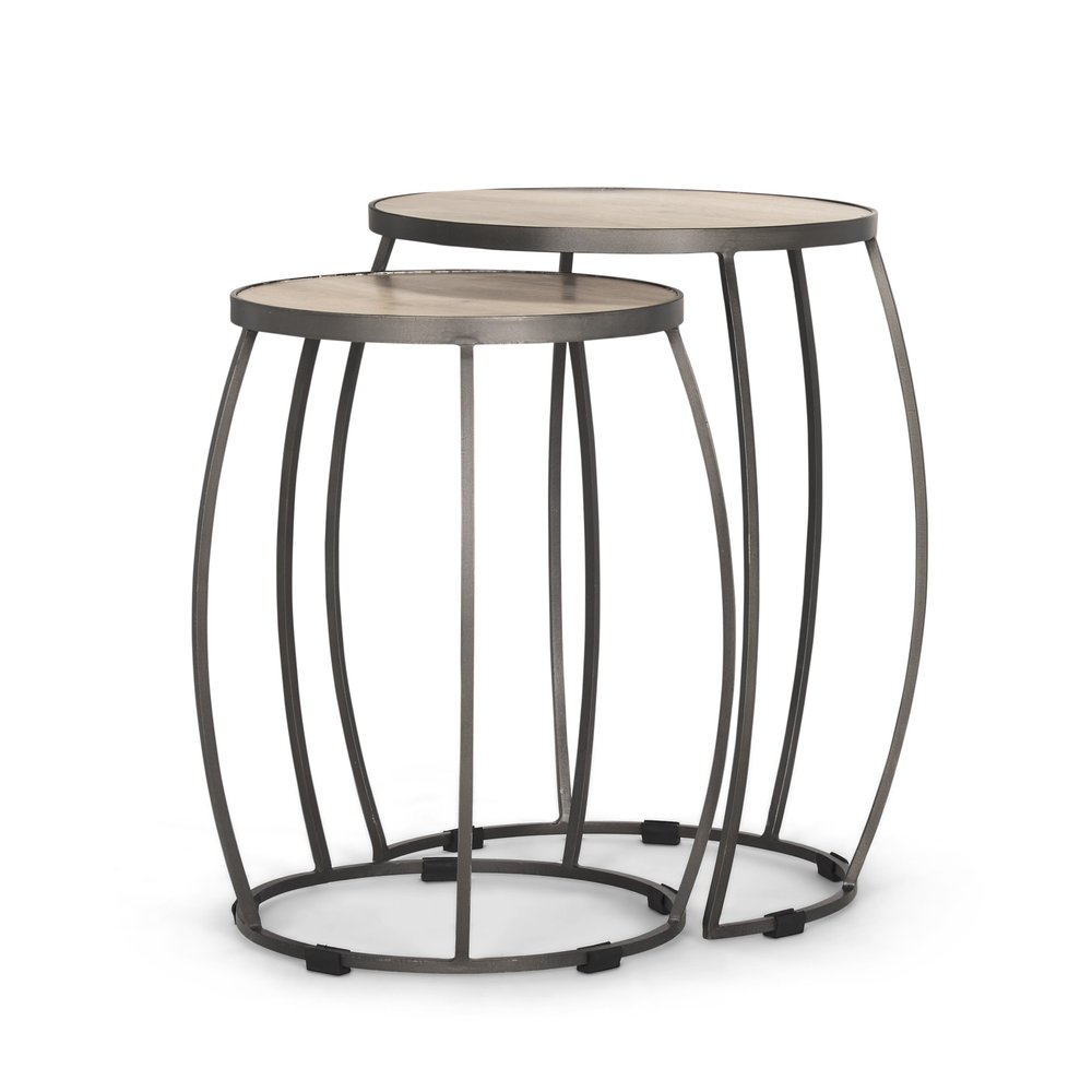 Set of two nesting round tables with natural wood tops and silver iron frames on a white background.