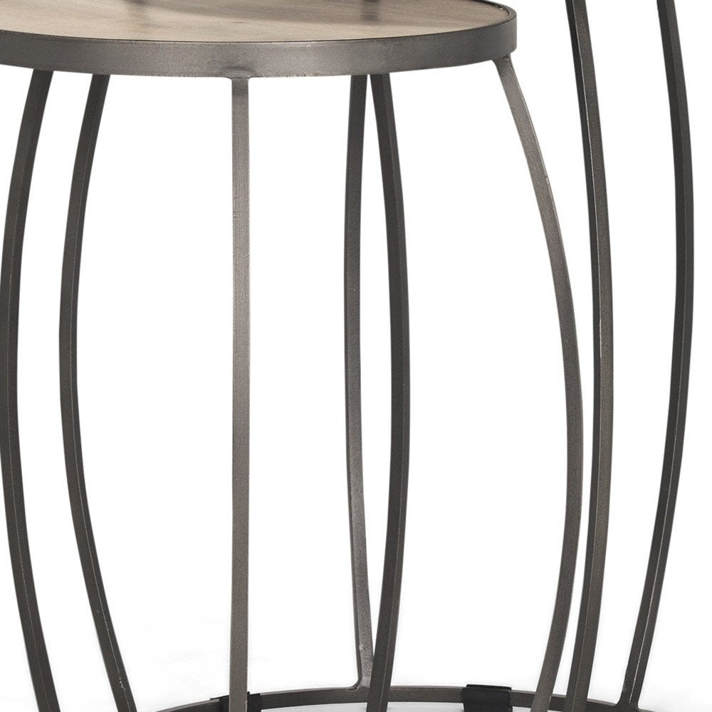 Set of Two Natural and Silver Solid Wood and Iron Round Frame Nested Tables - 26.00" H x 19.00" W x 19.00" D