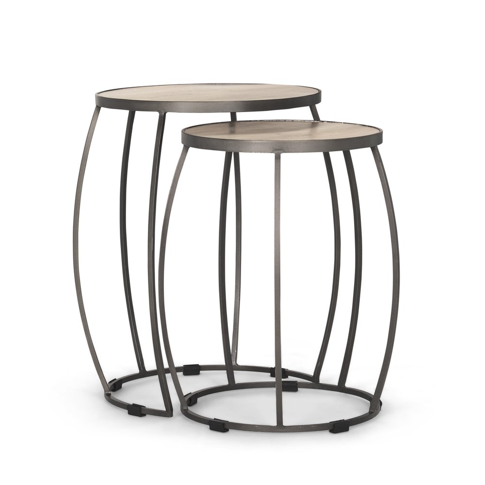 Set of Two Natural and Silver Solid Wood and Iron Round Frame Nested Tables - 26.00" H x 19.00" W x 19.00" D