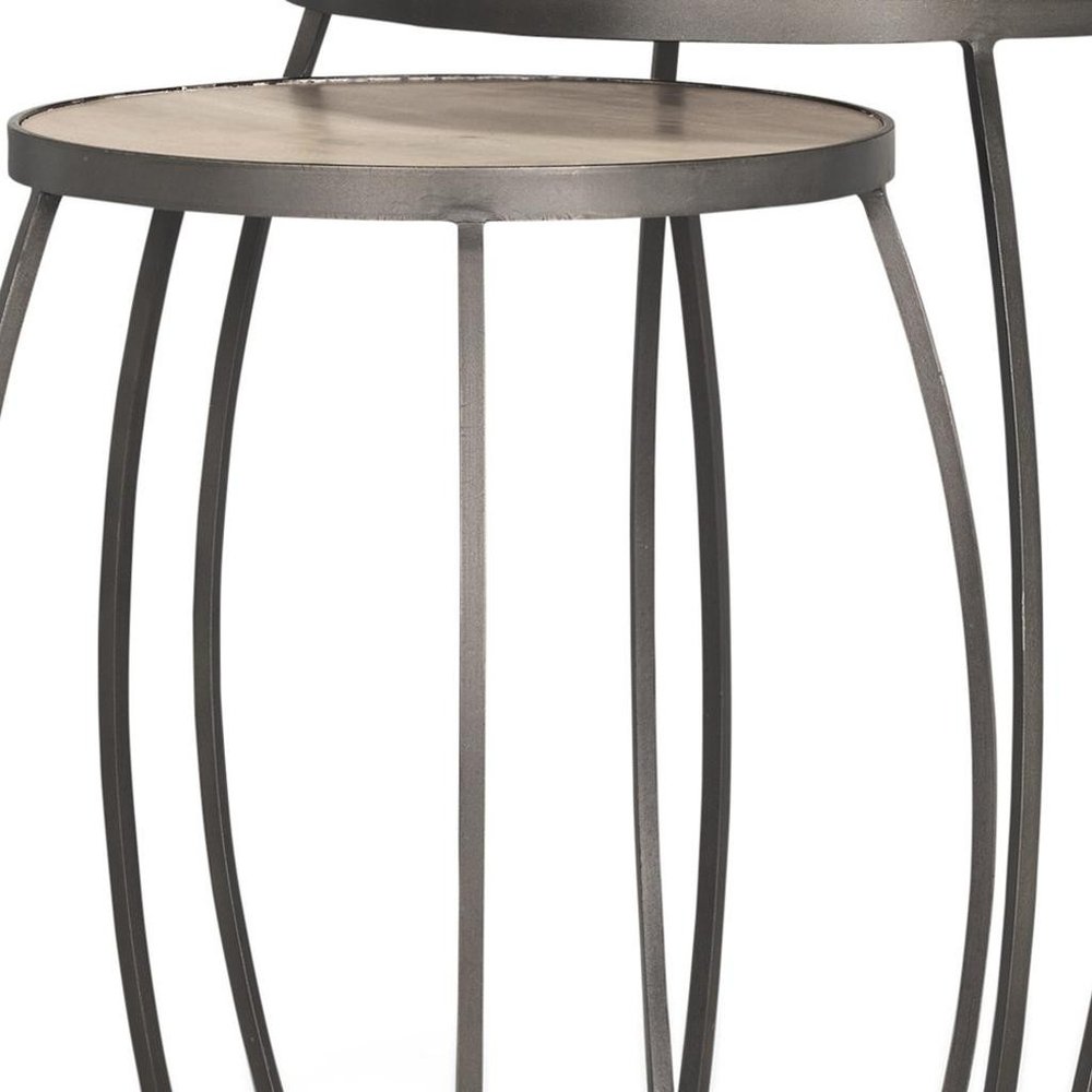Set of Two Natural and Silver Solid Wood and Iron Round Frame Nested Tables - 26.00" H x 19.00" W x 19.00" D