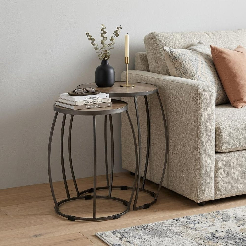 Set of Two Natural and Silver Solid Wood and Iron Round Frame Nested Tables - 26.00" H x 19.00" W x 19.00" D