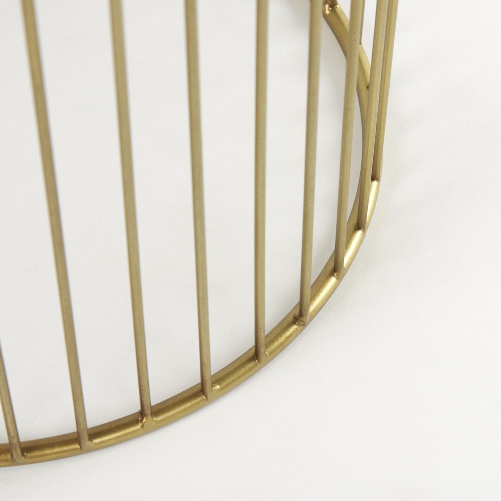 Set of Two Clear and Gold Tempered Glass and Metal Wire Round Drum End Tables on a white background