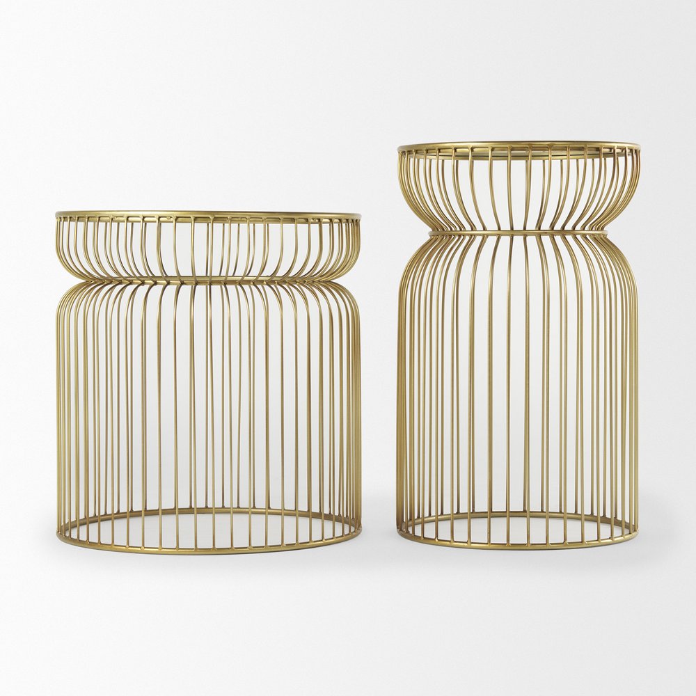 Set of Two Clear and Gold Tempered Glass and Metal Wire Round Drum End Tables on a white background