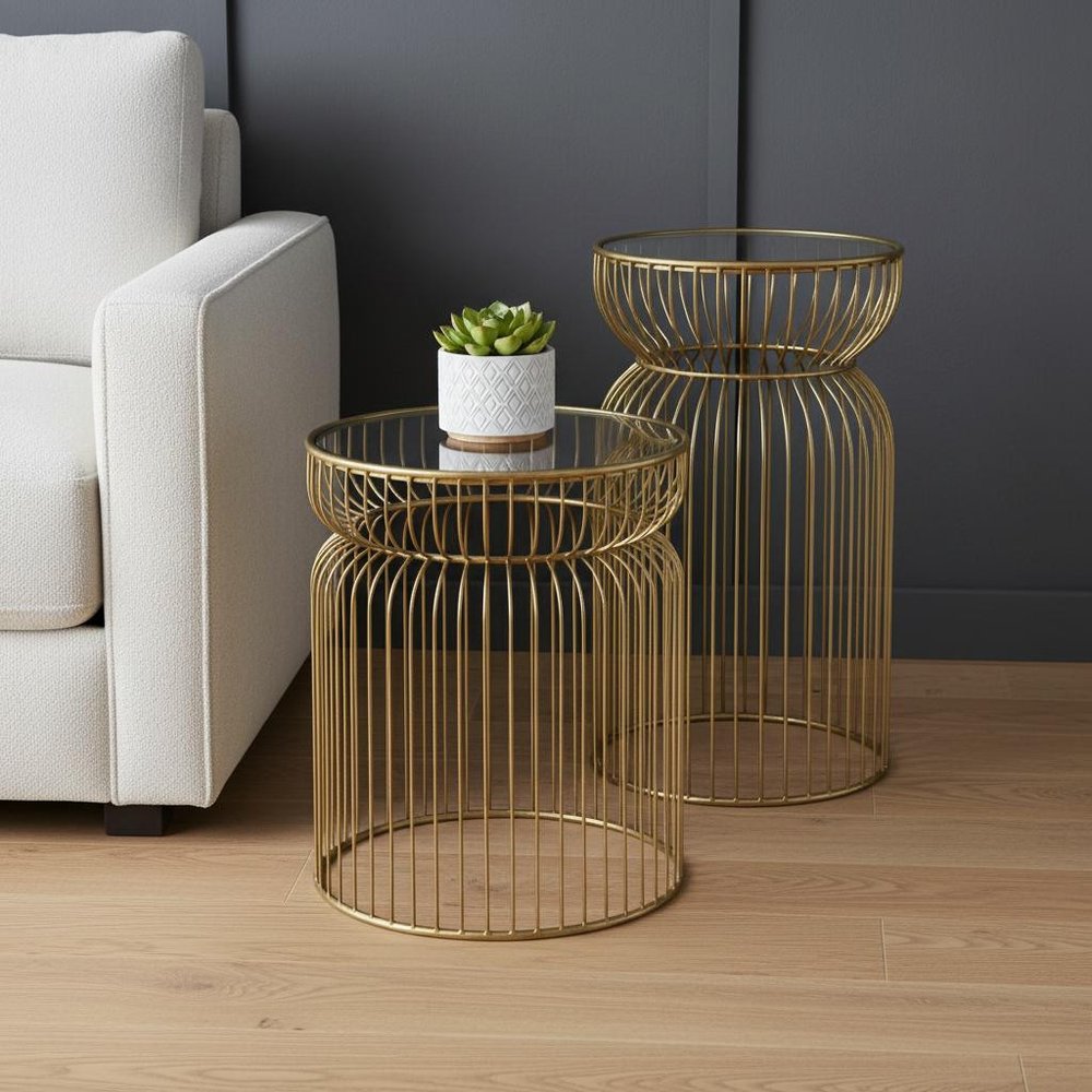 Set of Two Clear and Gold Tempered Glass and Metal Wire Round Drum End Tables in a home interior