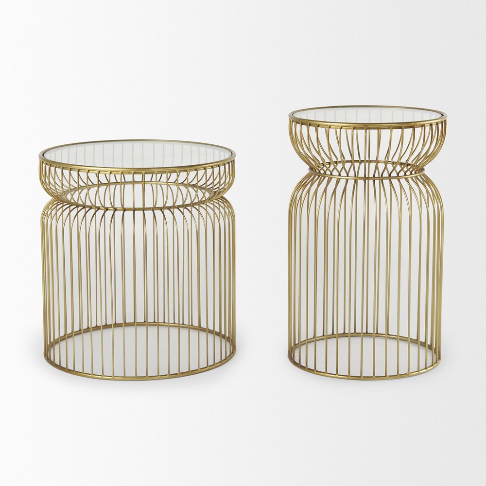 Set of Two Clear and Gold Tempered Glass and Metal Wire Round Drum End Tables on a white background