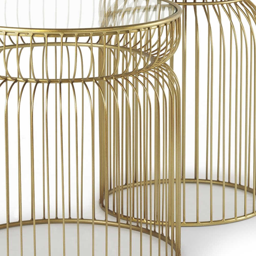 Set of Two Clear and Gold Tempered Glass and Metal Wire Round Drum End Tables on a white background