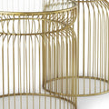 Set of Two Clear and Gold Tempered Glass and Metal Wire Round Drum End Tables on a white background