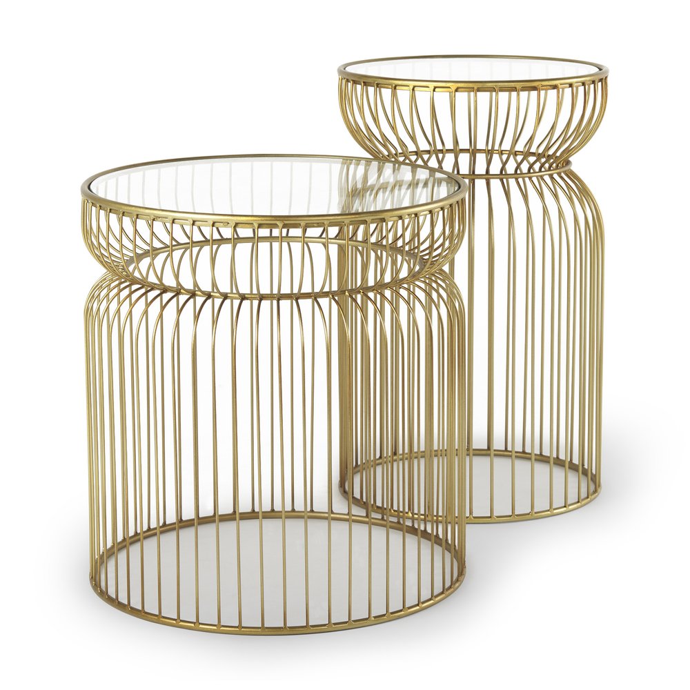 Set of Two Clear and Gold Tempered Glass and Metal Wire Round Drum End Tables on a white background