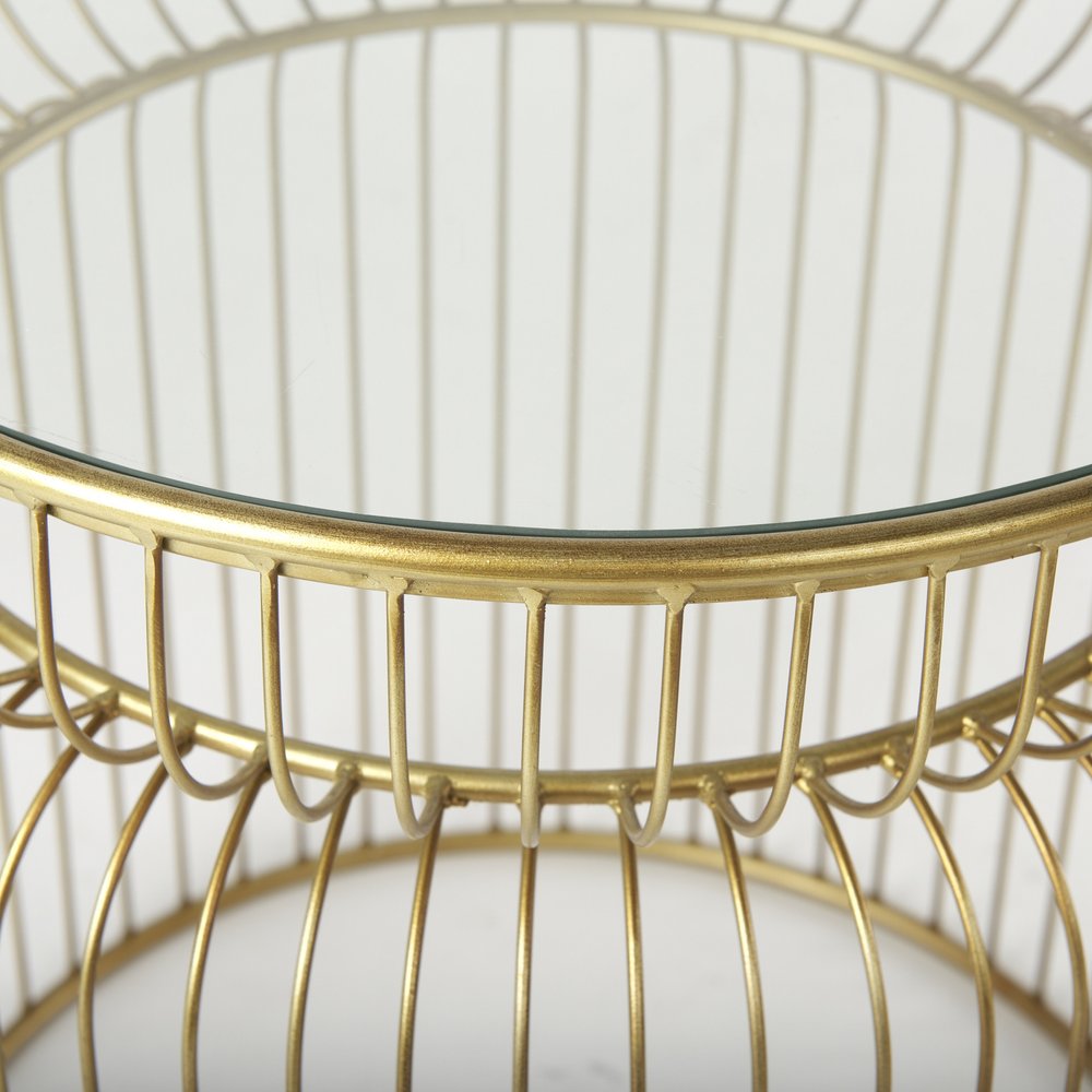 Set of Two Clear and Gold Tempered Glass and Metal Wire Round Drum End Tables in a home interior