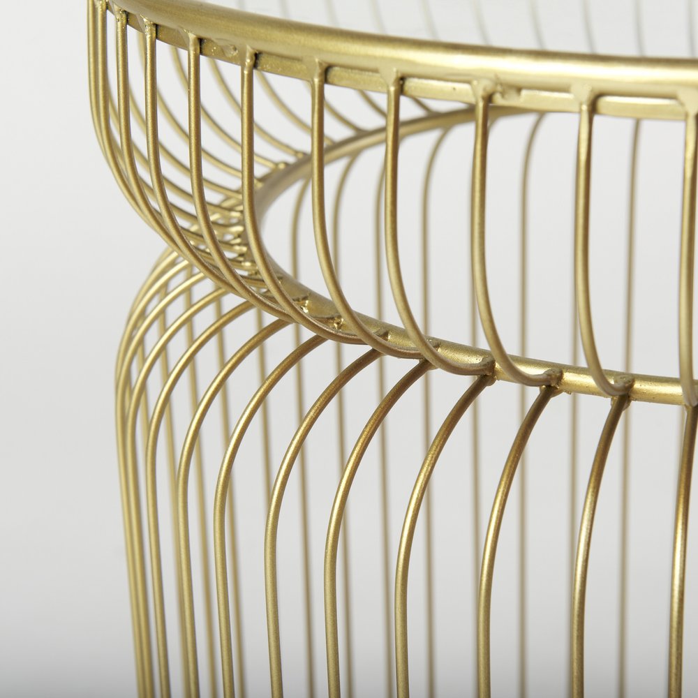 Set of Two Clear and Gold Tempered Glass and Metal Wire Round Drum End Tables on a white background