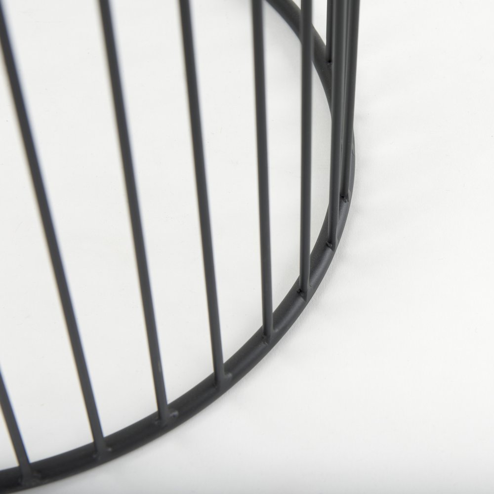 Set of Two Clear and Black Tempered Glass and Metal Wire Round Drum End Tables on a white background