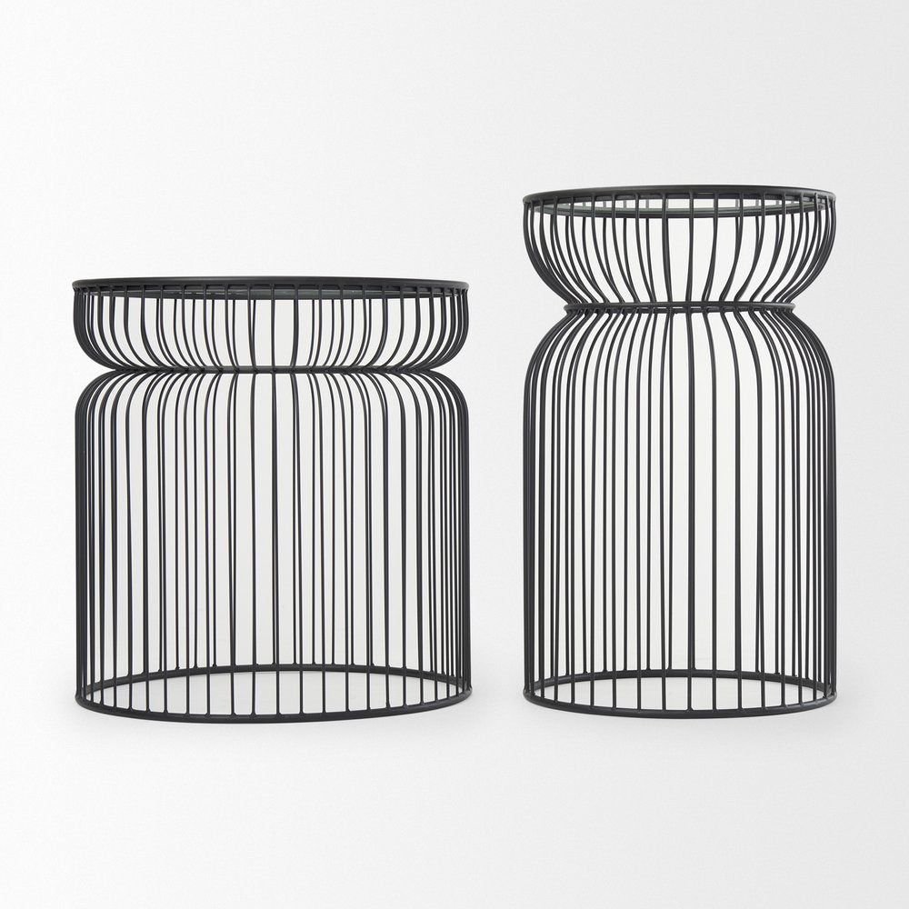 Set of Two Clear and Black Tempered Glass and Metal Wire Round Drum End Tables on a white background