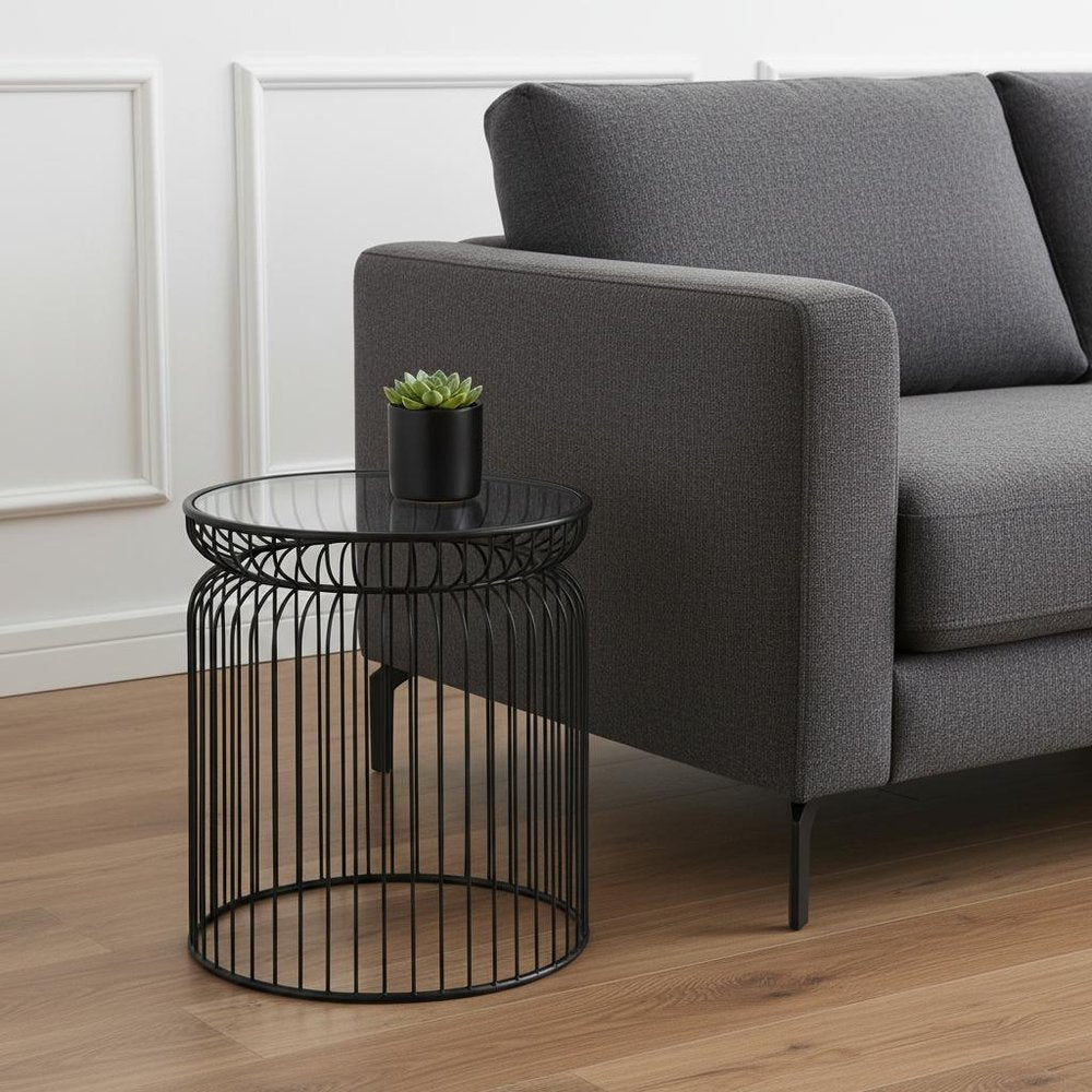 Set of Two Clear and Black Tempered Glass and Metal Wire Round Drum End Tables close-up detail