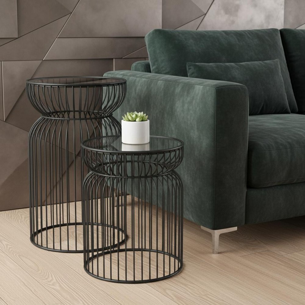 Set of Two Clear and Black Tempered Glass and Metal Wire Round Drum End Tables in a home interior