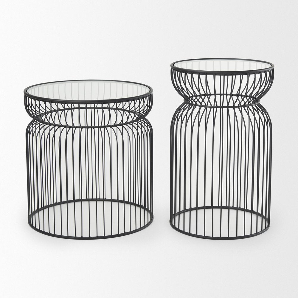 Set of Two Clear and Black Tempered Glass and Metal Wire Round Drum End Tables on a white background
