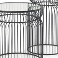 Set of Two Clear and Black Tempered Glass and Metal Wire Round Drum End Tables on a white background