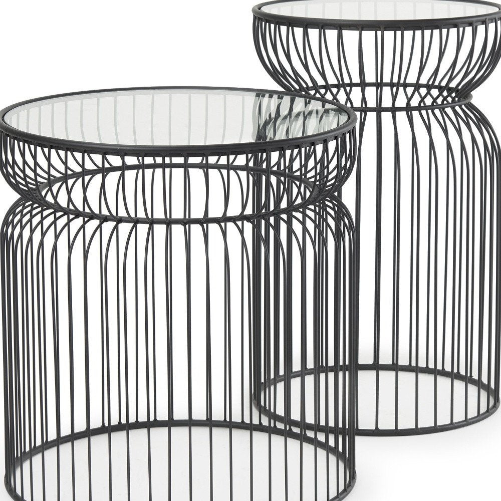 Set of Two Clear and Black Tempered Glass and Metal Wire Round Drum End Tables on a white background
