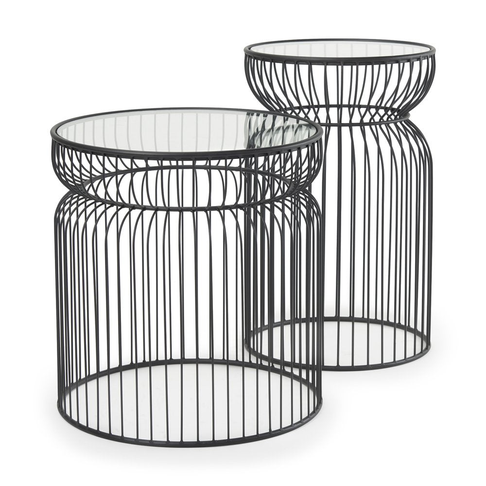 Set of Two Clear and Black Tempered Glass and Metal Wire Round Drum End Tables on a white background
