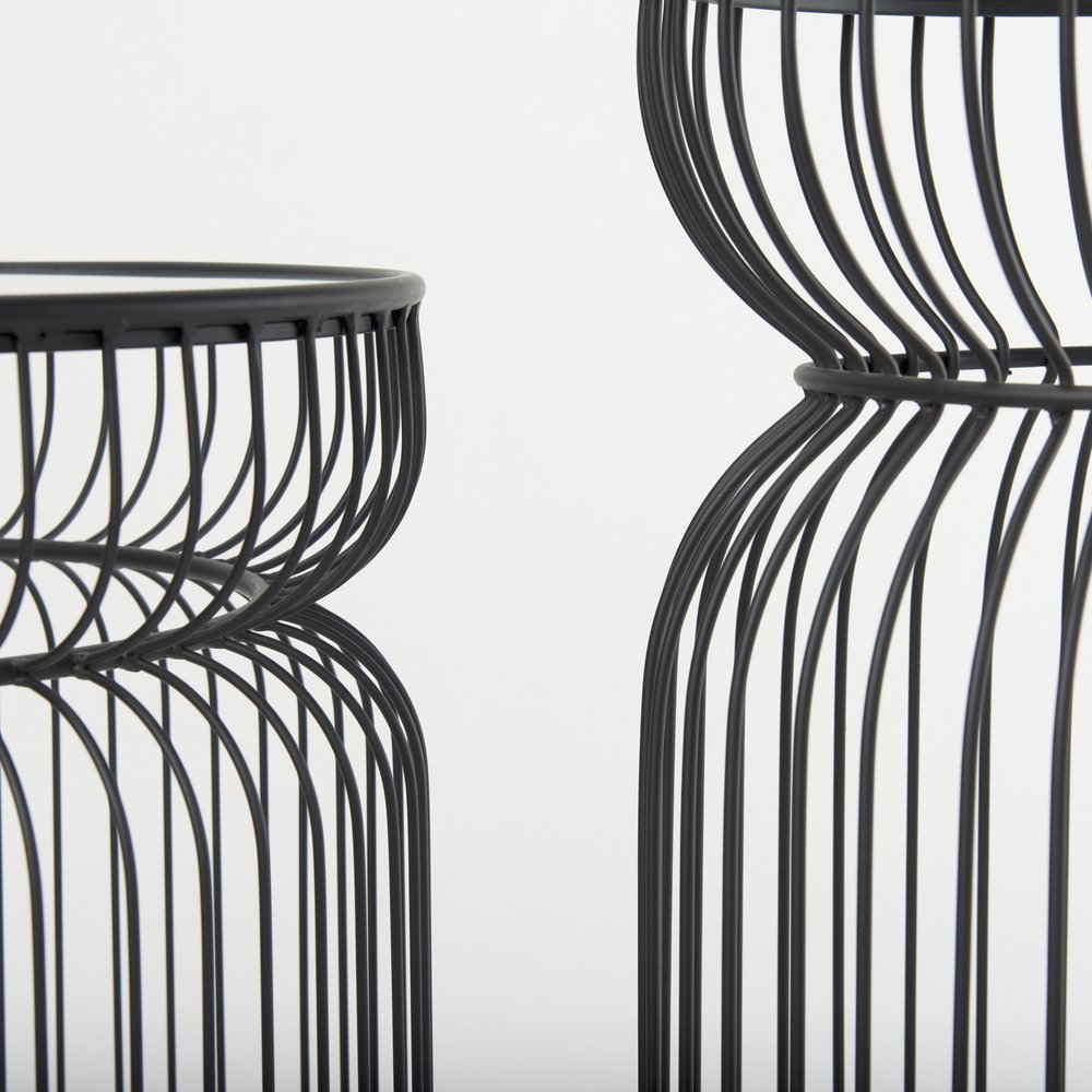 Set of Two Clear and Black Tempered Glass and Metal Wire Round Drum End Tables
