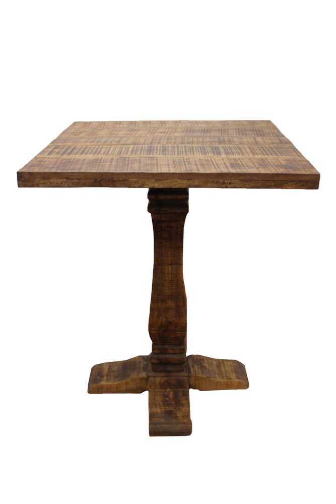 A square brown solid wood pedestal bar table with a rustic finish on a white background.