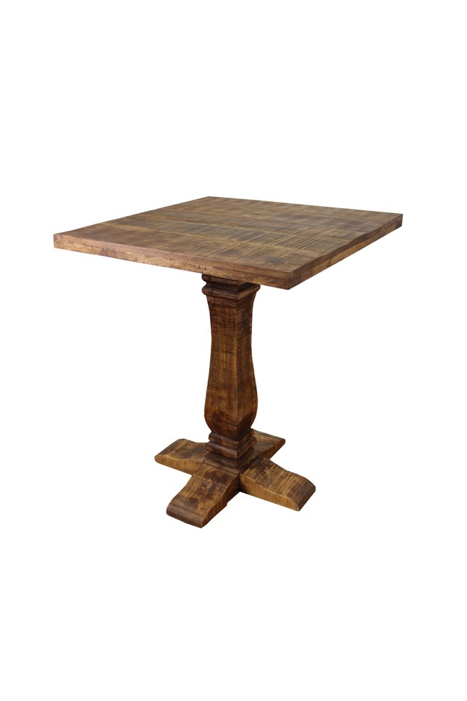 36" Brown Solid Wood Square Pedestal Bar Table. Bar & restaurant table isolated on a plain white background, showing a brown wood surface.
