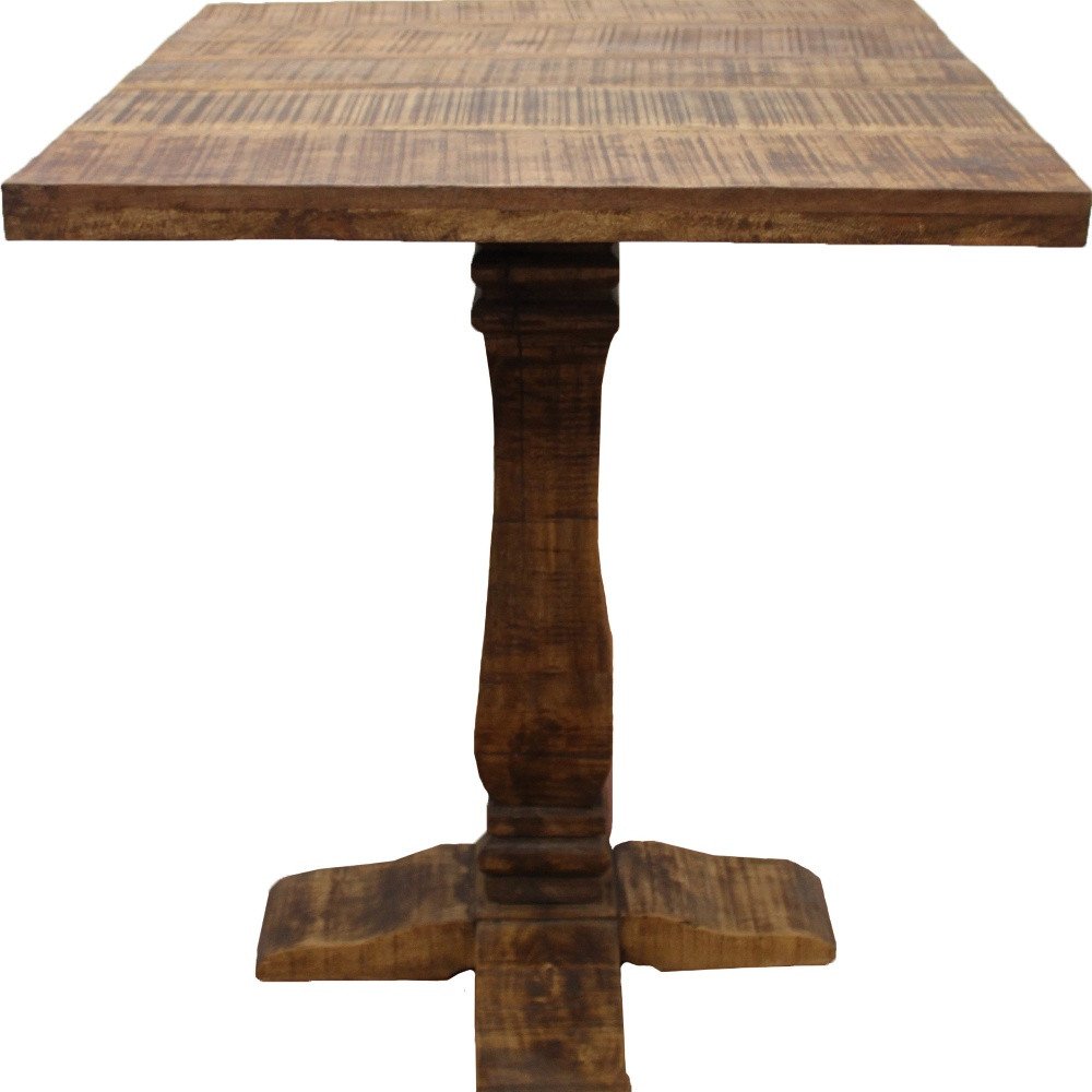 36" Brown Solid Wood Square Pedestal Bar Table. Bar & restaurant table isolated on a plain white background, finished in brown wood.