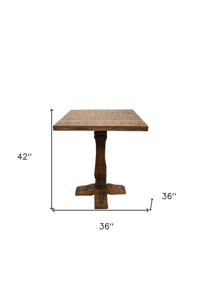 36" Brown Solid Wood Square Pedestal Bar Table. Bar & restaurant table isolated on a plain white background, in a brown wood finish.