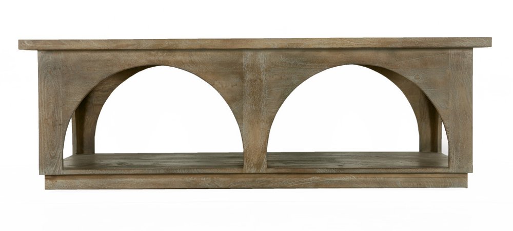 59" Brown Solid Wood Distressed Floor Shelf Coffee Table With Shelf. Coffee table isolated on a plain white background, in a brown wood finish.