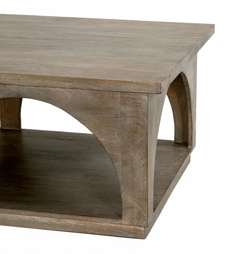 59" Brown Solid Wood Distressed Floor Shelf Coffee Table With Shelf. Coffee table isolated on a plain white background, finished in brown wood.