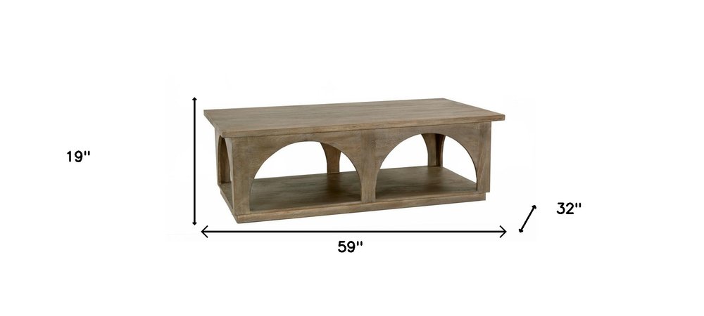 59" Brown Solid Wood Distressed Floor Shelf Coffee Table With Shelf. Coffee table isolated on a plain white background, showing a brown wood surface.