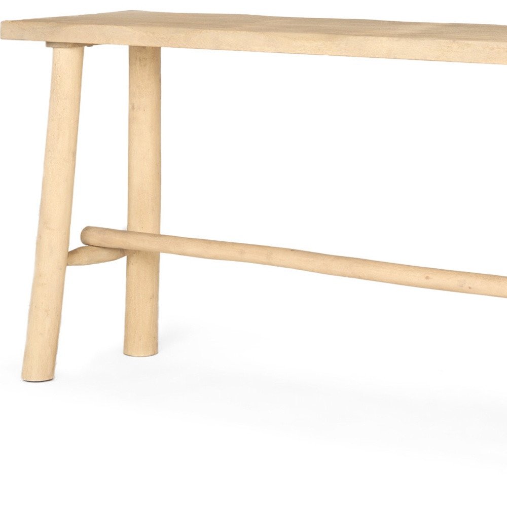 66" Light Brown Solid Wood Trestle Console Table. Console table isolated on a plain white background, finished in brown wood.
