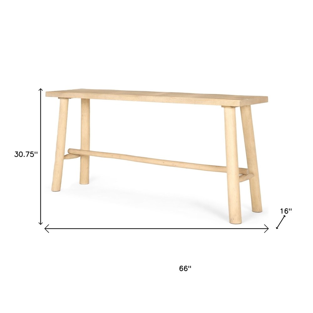 66" Light Brown Solid Wood Trestle Console Table. Console table isolated on a plain white background, showing a wood surface.