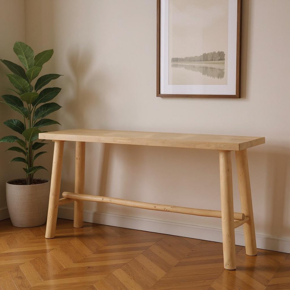 66" Light Brown Solid Wood Trestle Console Table. Console table in brown wood.