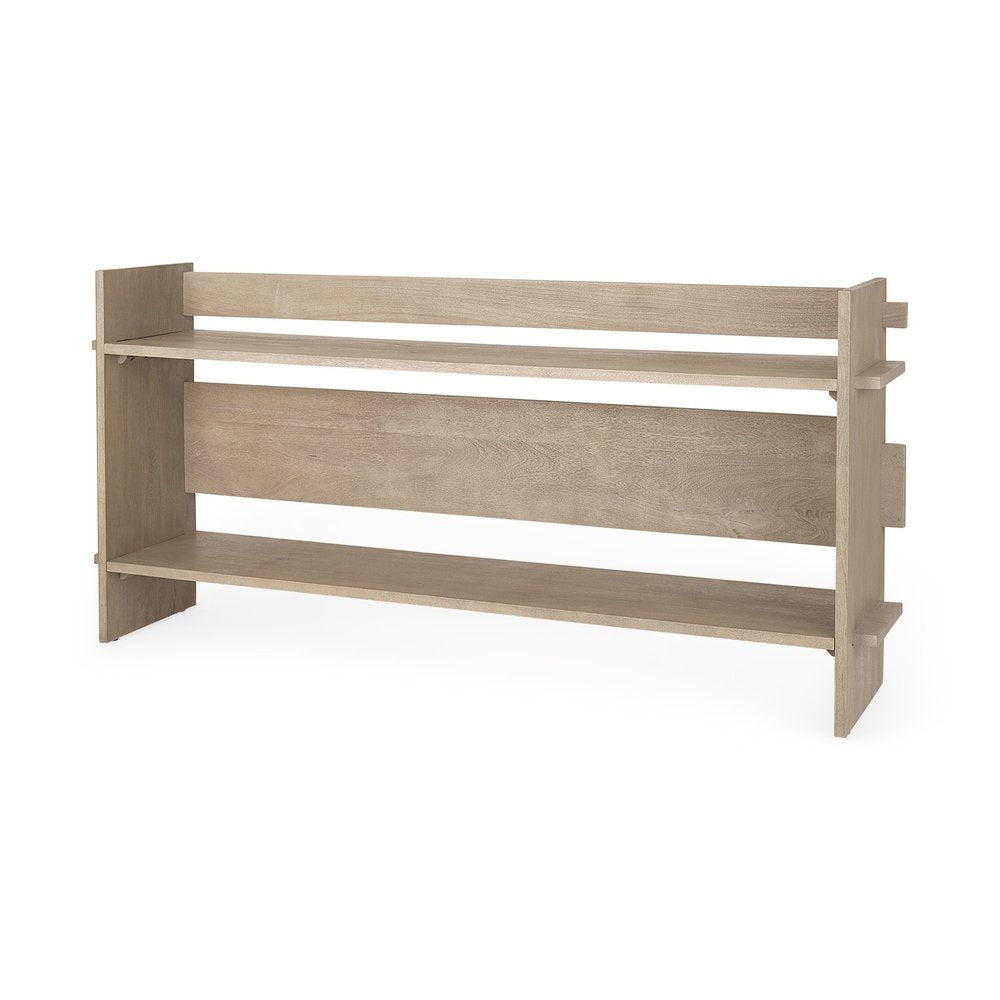 Light gray solid wood console table with two shelves and a distressed finish on a white background.