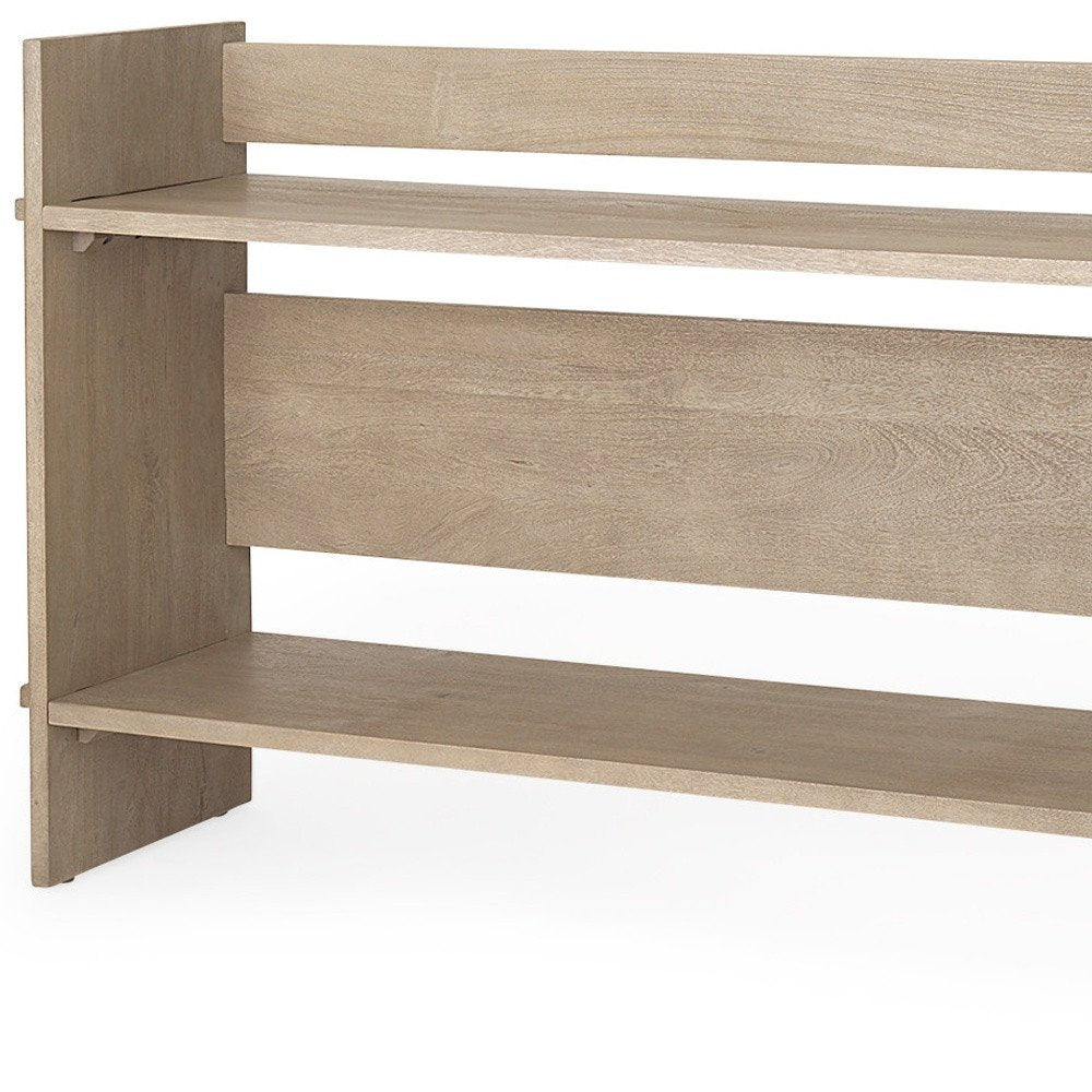 76" Light Gray Solid Wood Distressed Solid Console Table With Shelf on a white background