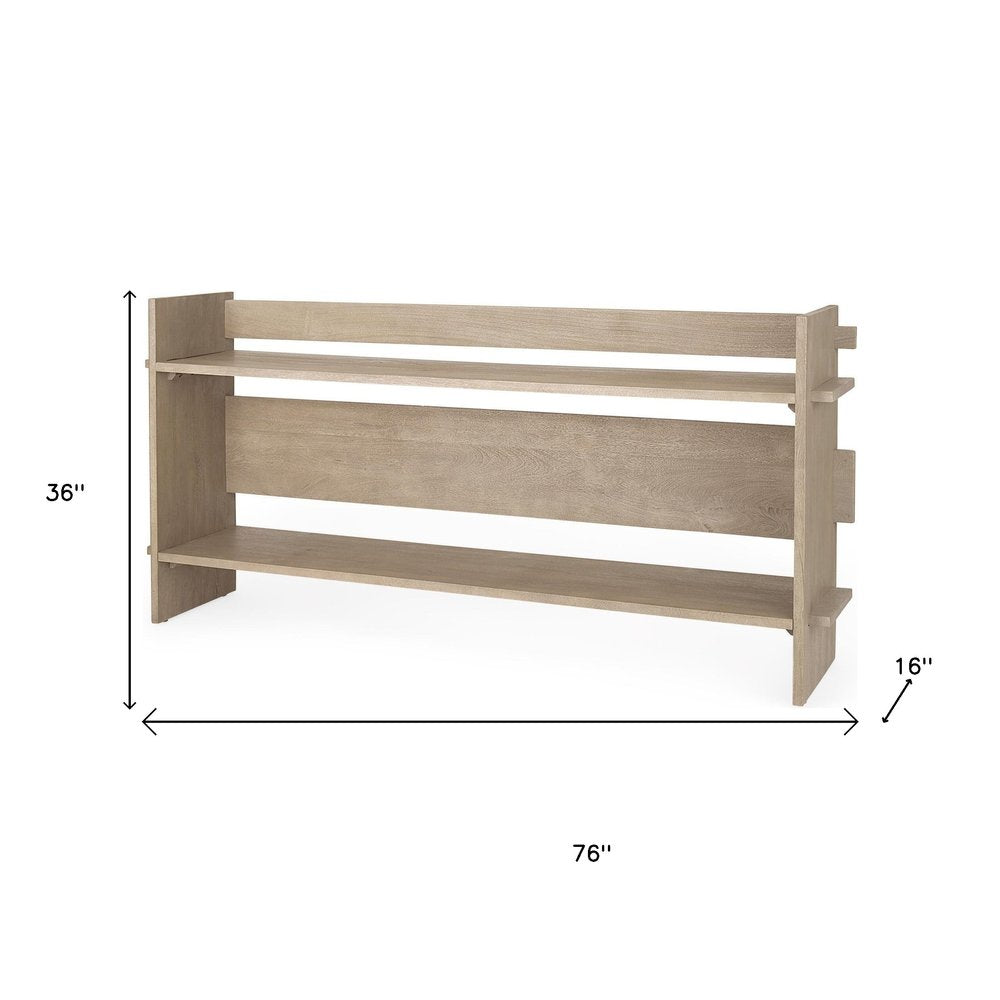 76" Light Gray Solid Wood Distressed Solid Console Table With Shelf on a white background
