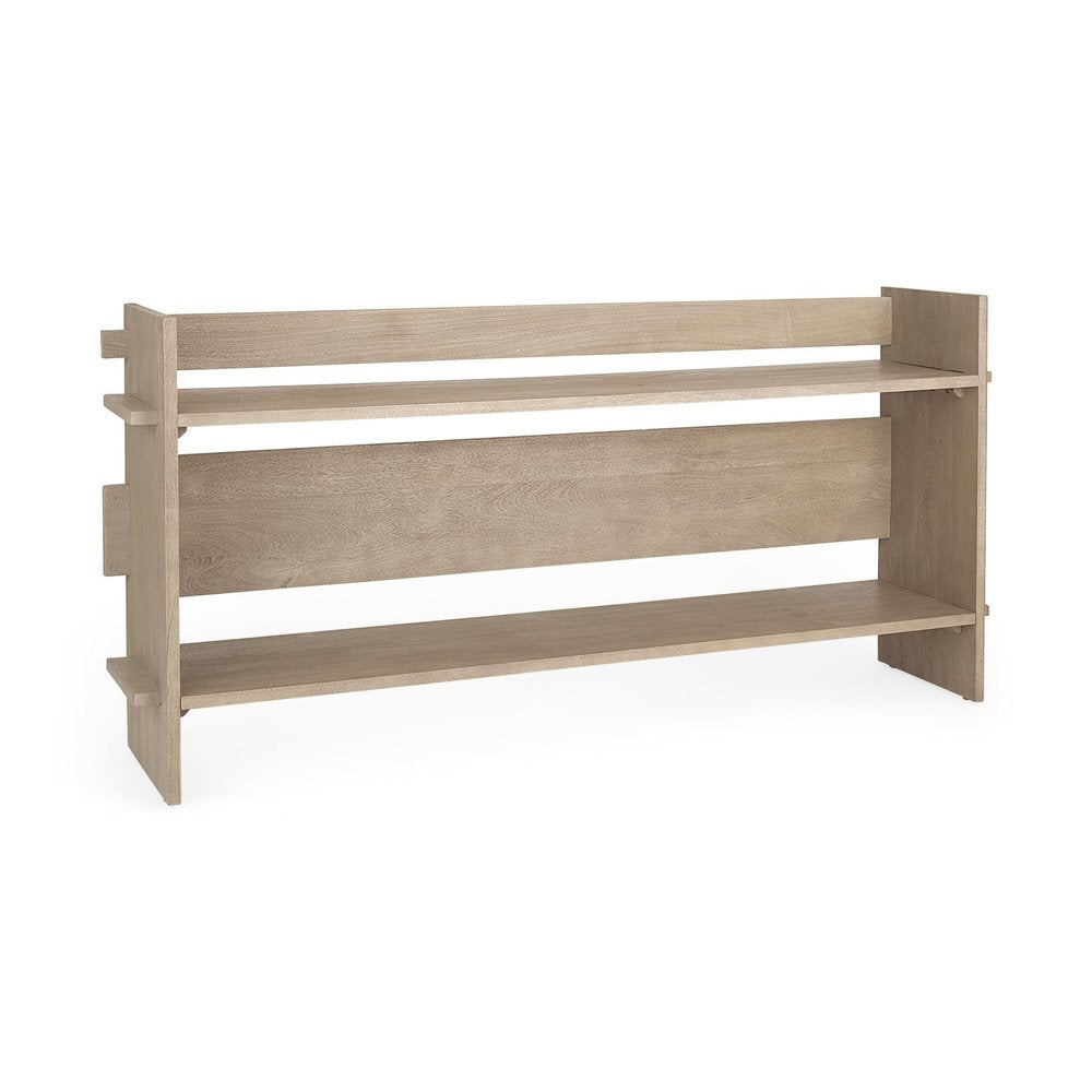 76" Light Gray Solid Wood Distressed Solid Console Table With Shelf on a white background