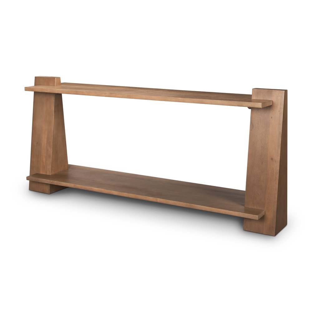 67" Brown Solid Wood Solid Console Table With Shelf. Console table isolated on a plain white background, in a brown wood finish.