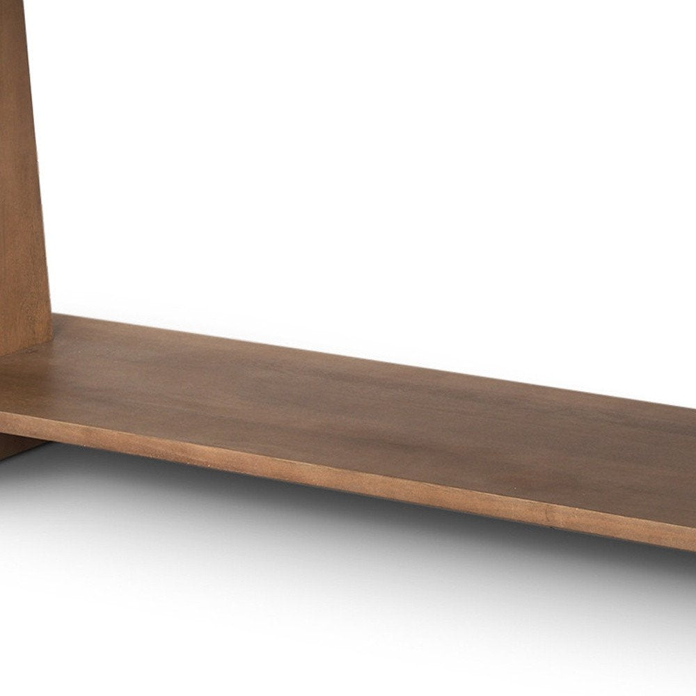67" Brown Solid Wood Solid Console Table With Shelf. Console table isolated on a plain white background, showing a brown wood surface.