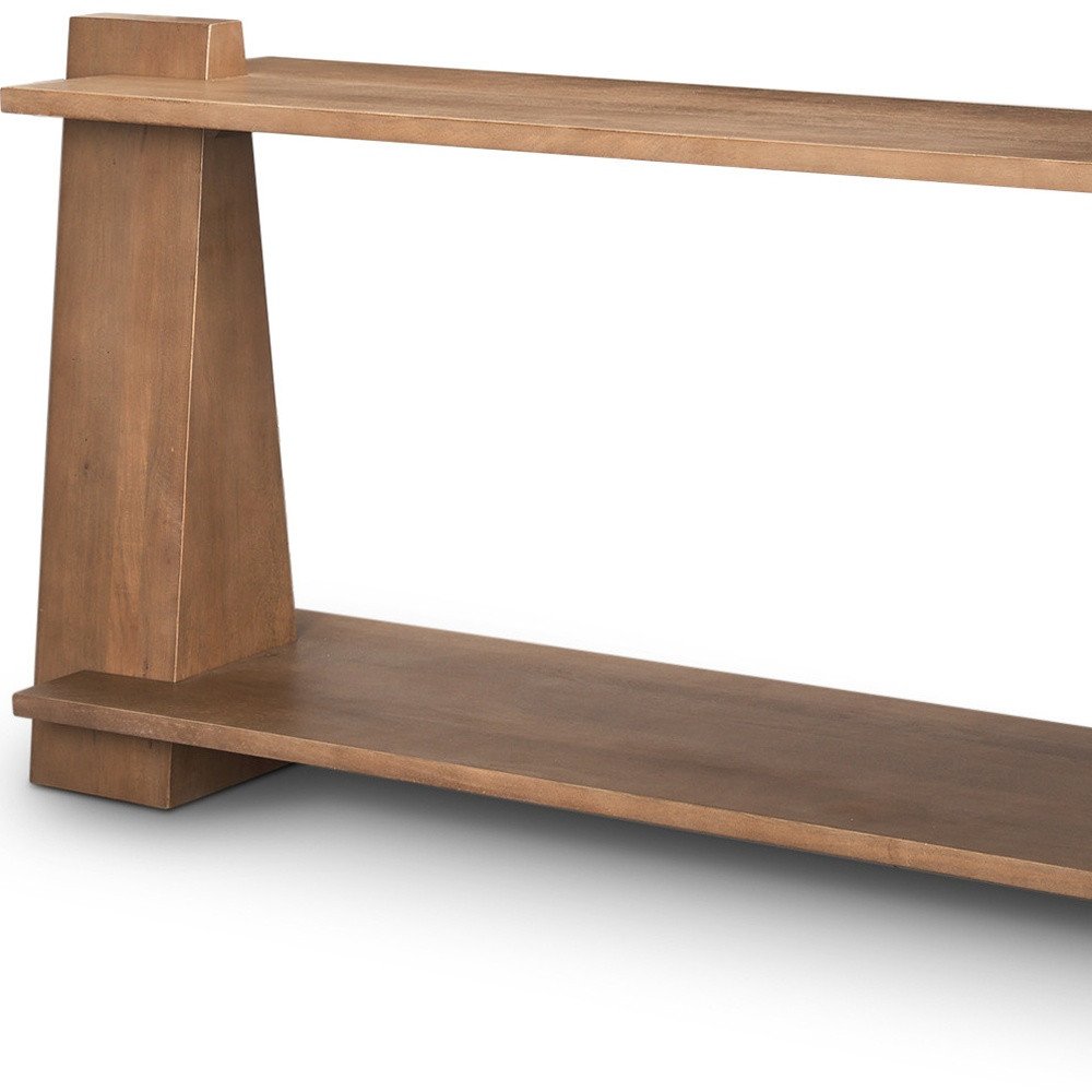 67" Brown Solid Wood Solid Console Table With Shelf. Console table isolated on a plain white background, in a brown wood finish.