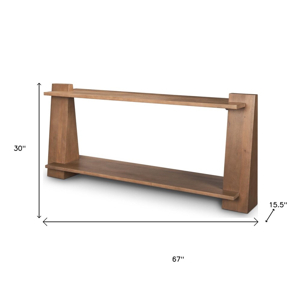 67" Brown Solid Wood Solid Console Table With Shelf. Console table isolated on a plain white background, in a brown wood finish.