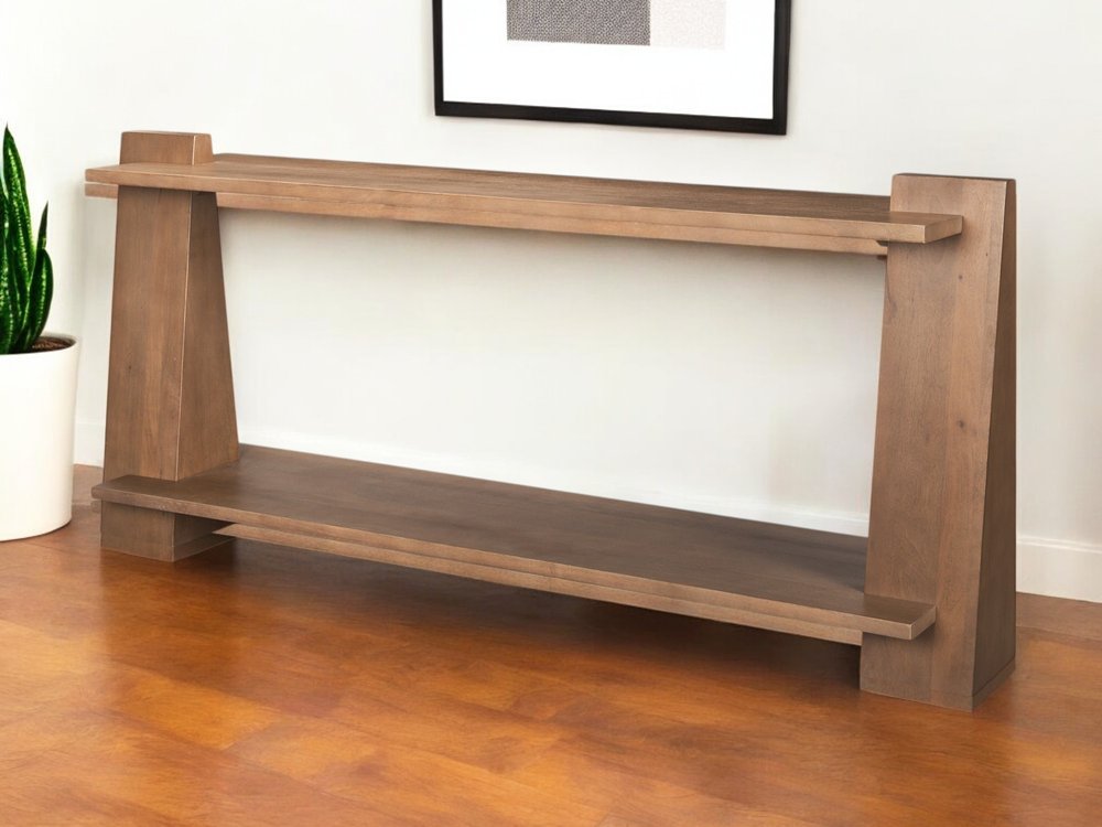 67" Brown Solid Wood Solid Console Table With Shelf. Console table in brown wood.