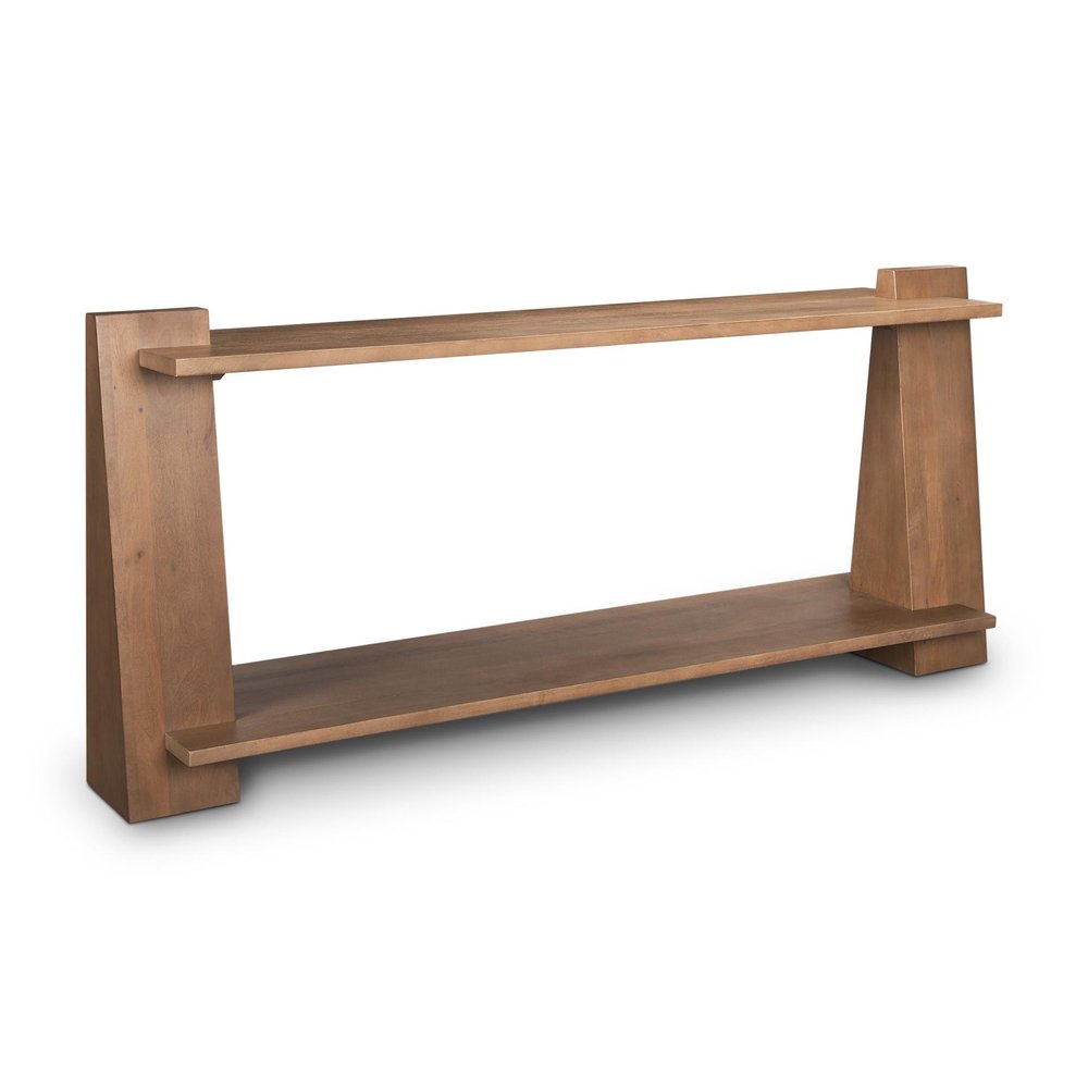 67" Brown Solid Wood Solid Console Table With Shelf. Console table isolated on a plain white background, finished in brown wood.