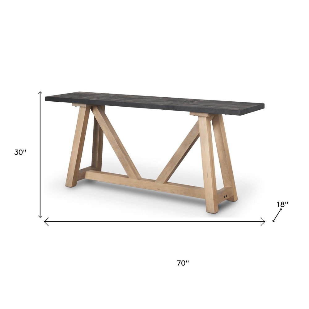 70" Black and Brown Solid Wood Trestle Console Table on a white background