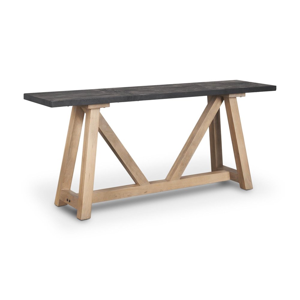 70" Black and Brown Solid Wood Trestle Console Table on a white background